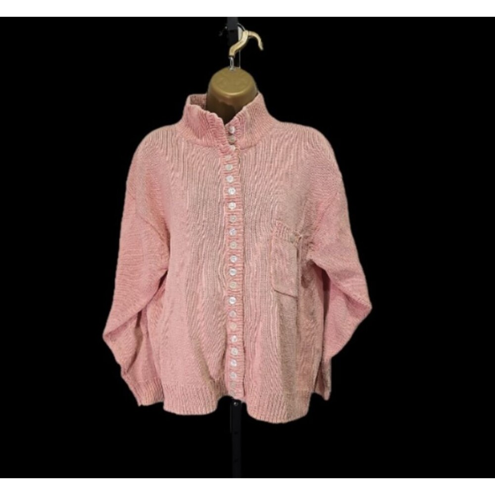 Vtg One Step Up Mock Neck Sweater Cottage Preppy Button Powder Pink Womens Large